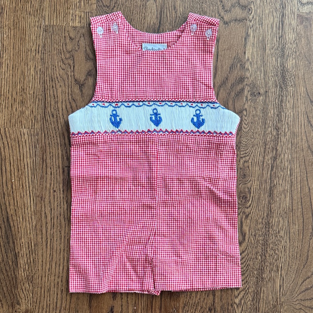 Red Gingham Smockingbird Embroidered Smocked Anchor Romper